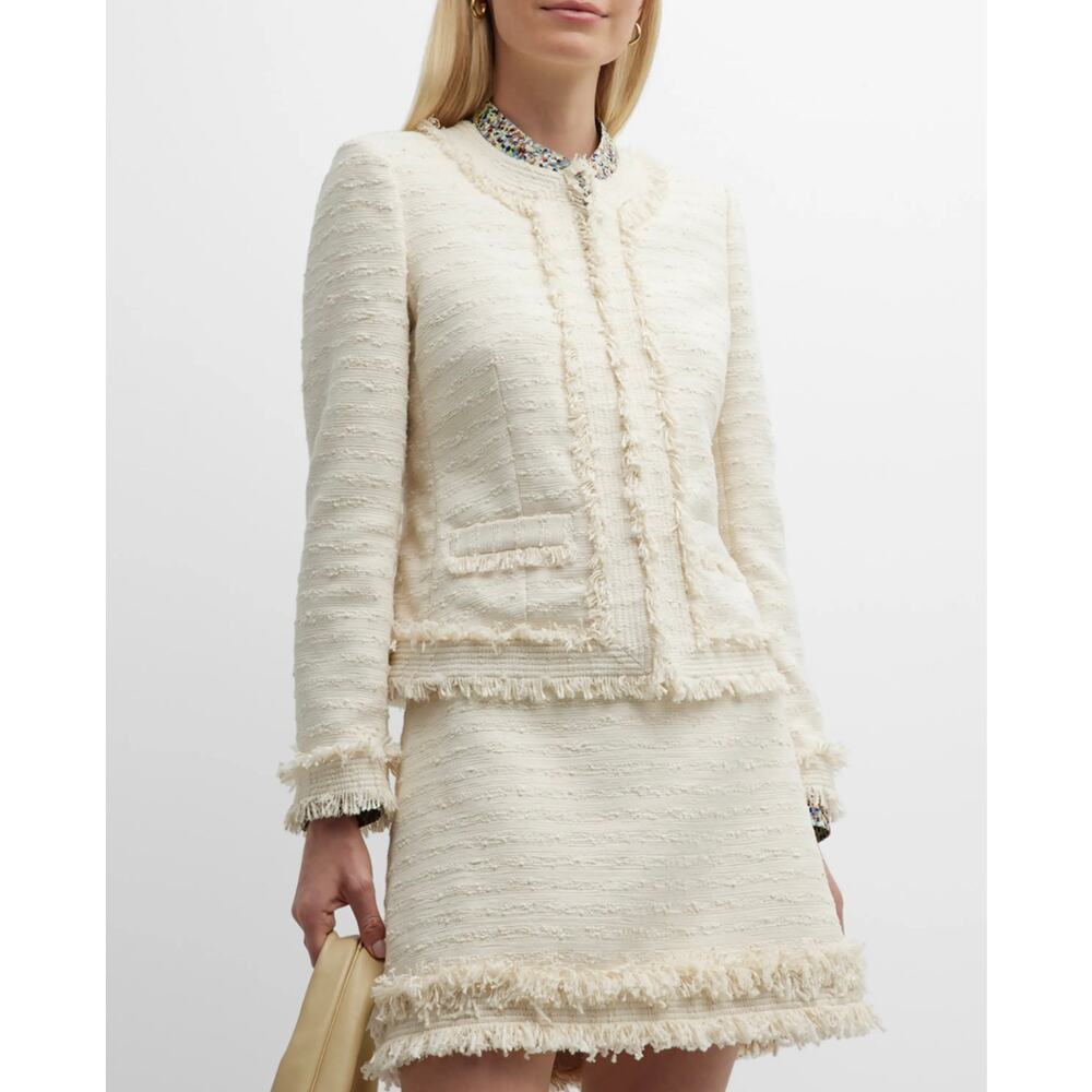 EUC Tory Burch Fringe Tweed Jacket Cream Textured Blazer Size 00 Elegant Chic